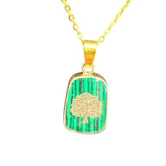 Green Malachite Tree of Life Necklace with 18in Gold Chain - Picture 3 of 6